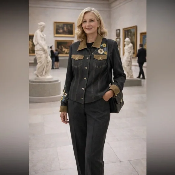 Vintage Stunning Conrad C Set NWOT Denim Embroidered Jacket/Pants size 12. - Picture 1 of 14